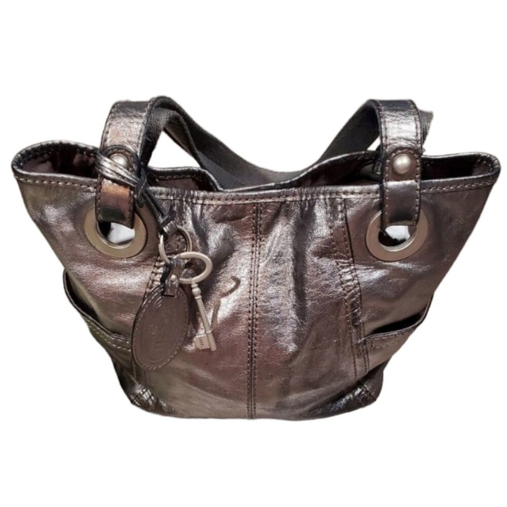 Fossil Hathaway metallic gunmetal leather key logo shoulder bag purse handbag